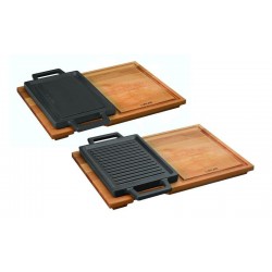 Reversible Cast Iron Double Griddle Pan with Wooden Platter